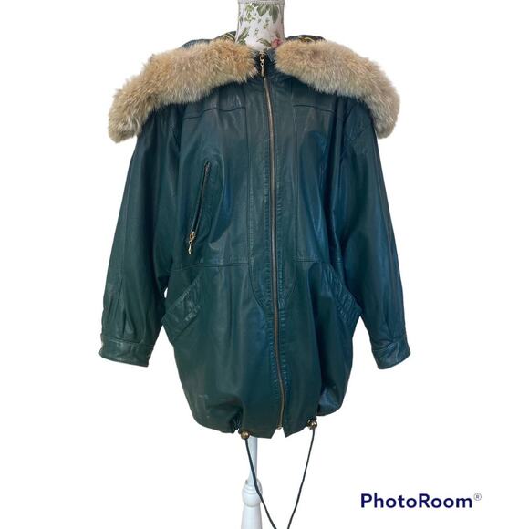 VTG  Green Emerald  Leather Parka Fur Detail On Hood ,Full Zip  Large Lined - Picture 6 of 13